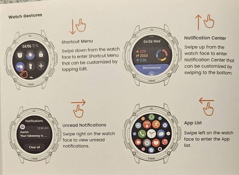 Instructions on how to swipe to control the Kospet watches.