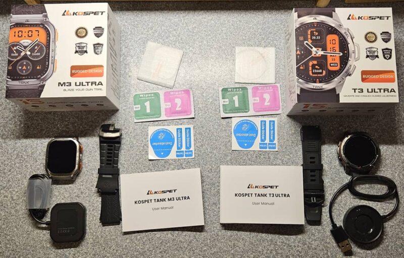 Kospet M3 and T3 Ultra watches with all accessories.
