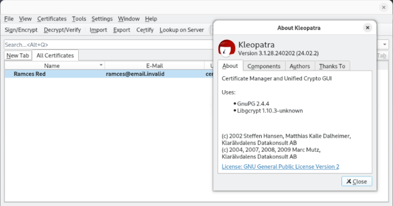 A screenshot showing GNU Kleopatra running with a GPG key.