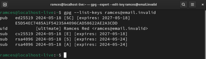A terminal showing a GPG key with multiple subkeys.