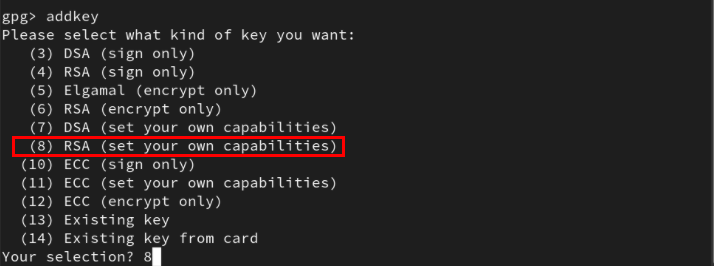 A terminal highlighting the custom RSA template for the GPG subkey.