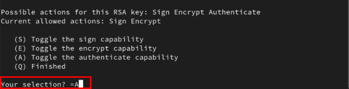 A terminal showing the process of setting the auth capability for the GPG subkey.