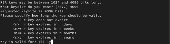 A terminal showing the values for the subkey's keysize and validity.