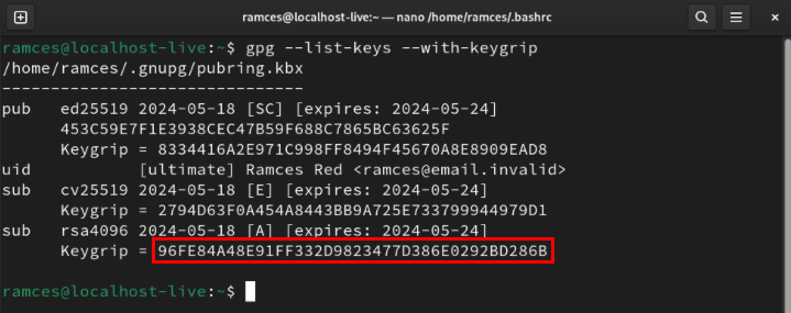 A terminal highlighting the GPG subkey's keygrip.