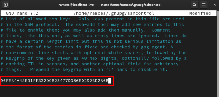 A terminal highlighting the subkey's keygrip on the sshcontrol file.