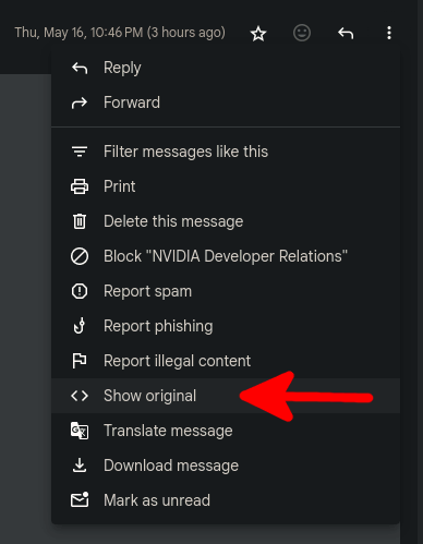 Demonstration of how to open the header of an email in Gmail