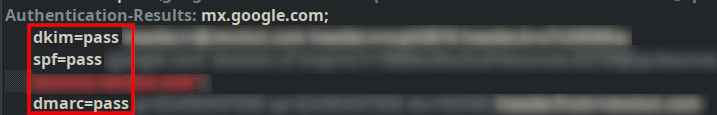 An authentication result found within an email header, showing pass for all three authentication methods