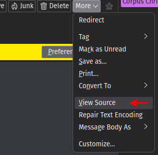 Demonstration of how to open the email header in a message in Thunderbird