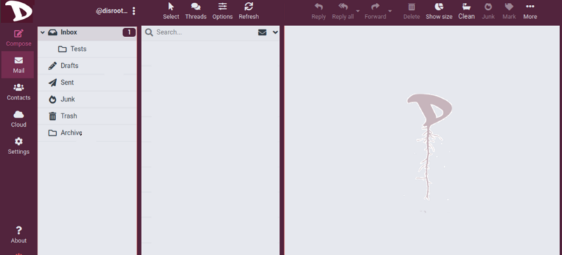 Disroot, one of the most secure email services, in the web interface showing each of the main panes. 