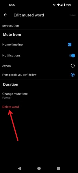 Tapping in "Delete word" in Twitter app for Android.