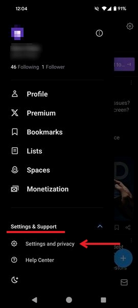 Clicking on Settings & Support in Twitter app for Android to reveal "Settings and privacy."