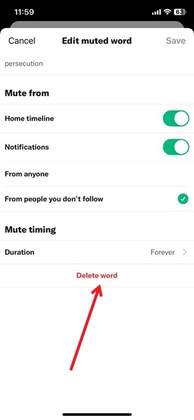 Tapping on the "Delete word" button in Twitter app for iOS.