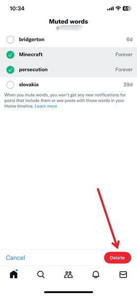 Pressing "Delete" button to remove multiple words from Muted words list in Twitter app for iOS.