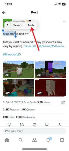 Long-pressing on word in Twitter app for iOS and selecting "Mute" from context menu.