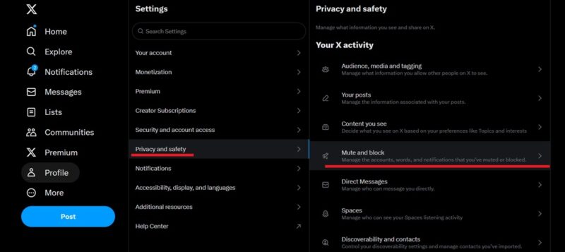 Navigating to the "Mute and block" section in Twitter on PC.