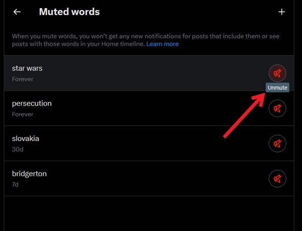 Pressing Unmute button for word in Twitter on PC.