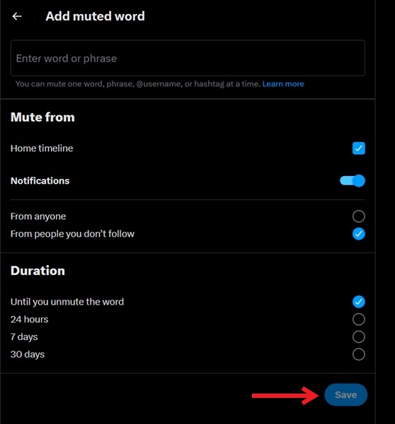 Muted word preferences view in Twitter on PC.