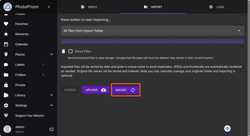 Photoprism Import Button