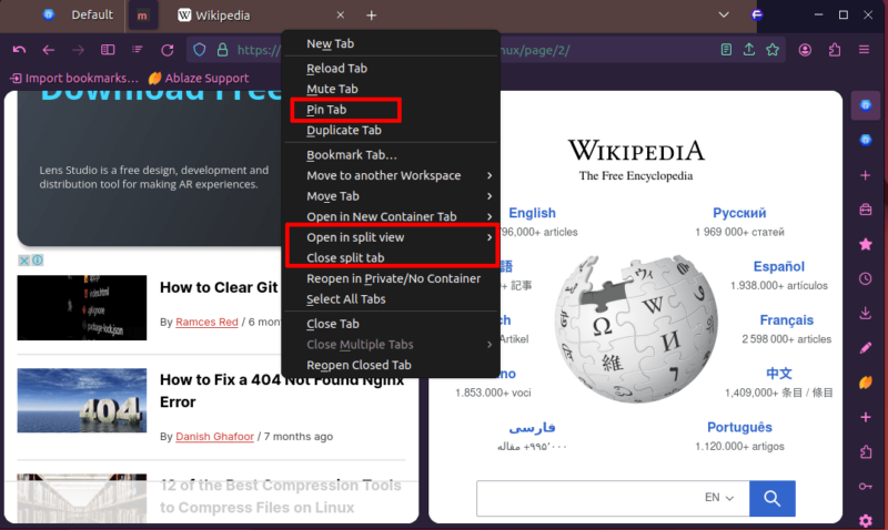 Pin Tab and Open in split view options