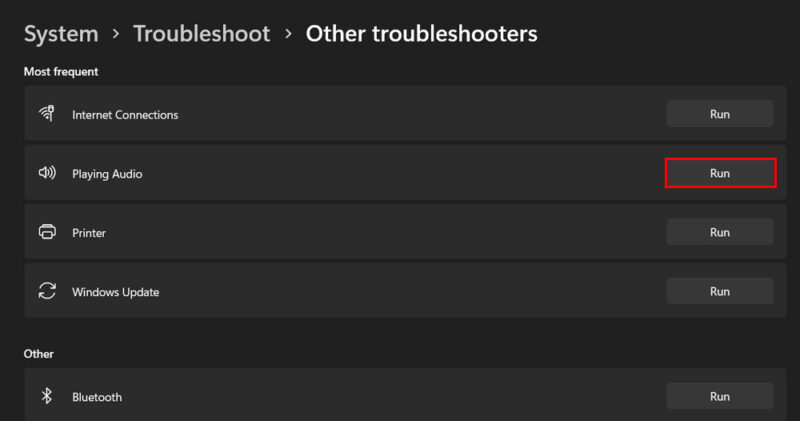 Running Playing Audio Troubleshooter