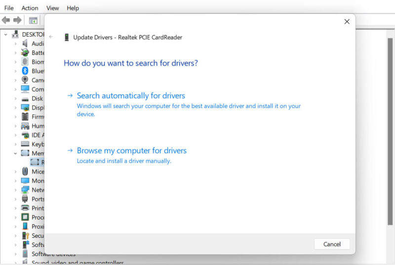 Search For Drivers in Windows