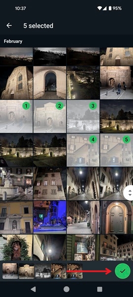 Selecting images to share from phone's Gallery in WhatsApp for Android.