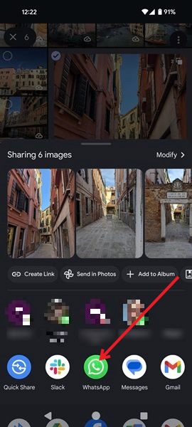 Sharing options in Google Photos app on Android.