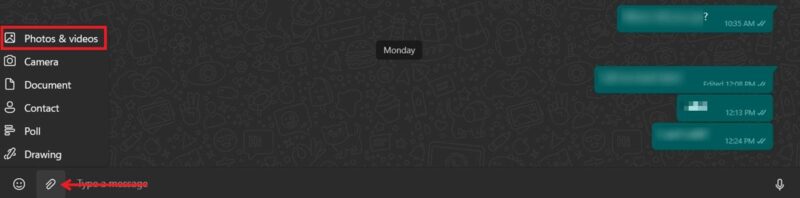 Selecting "Photos & videos" option in WhatsApp on desktop.