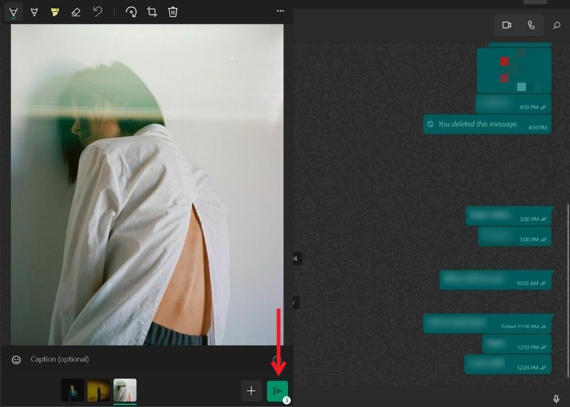Pressing Send button to share photos in WhatsApp conversation on PC.