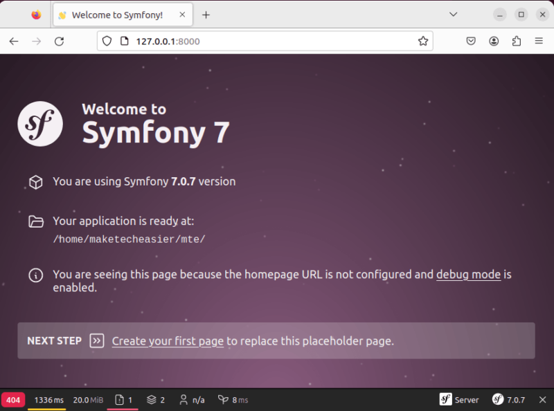 Symfony web application welcome page