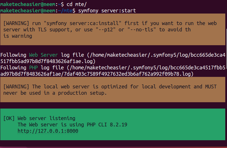 start Symfony web Server