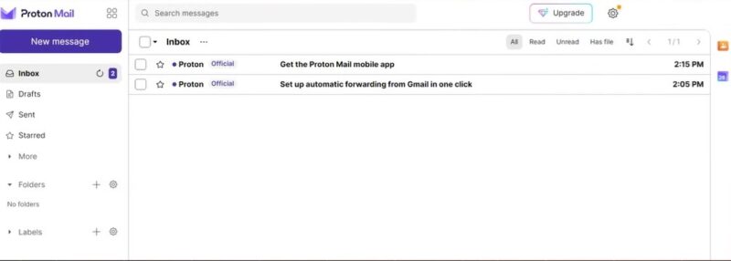 ProtonMail, one of the most secure email services, inbox with two messages helping with the setup process.