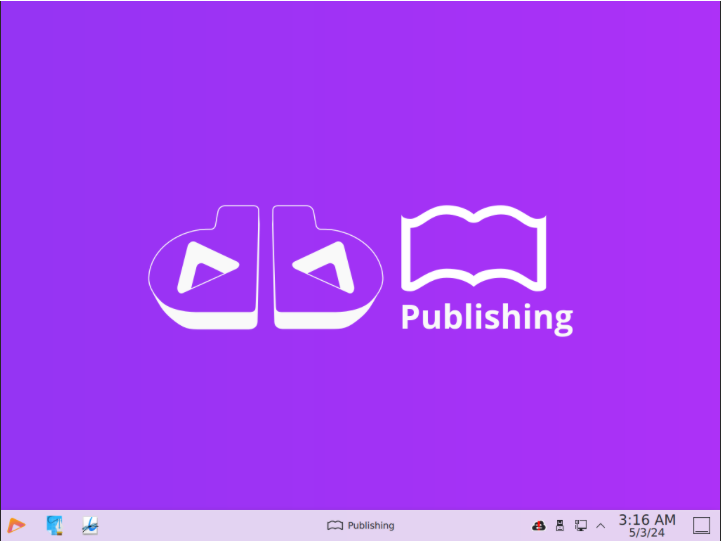 A screenshot showing a sample Dynebolic desktop set on "Publishing mode."