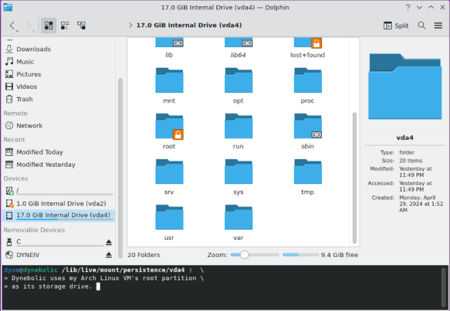 A screenshot showing the contents of the host OS' root directory showing in Dynebolic.