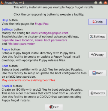 A screenshot showing the FrugalPup utility, the primary program for recreating Puppy Linux install disks.