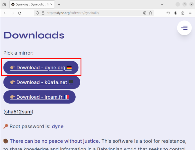 A screenshot showing the download link for Dynebolic.