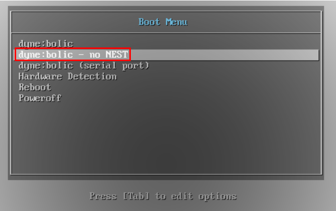 A screenshot showing the boot selection menu with a highlight on Dynebolic's "no NEST mode."