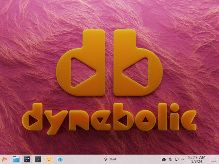 A screenshot showing the default desktop when first booting up Dynebolic.