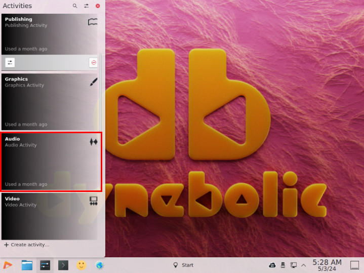 A screenshot highlighting the "Audio mode" for the currenct Dynebolic instance.