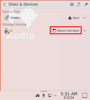 A screenshot highlighting the "Mount and Open" option for the removable disk.