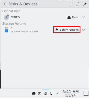 A screenshot highlighting the "Safely remove" option for the currently mounted removable disk.