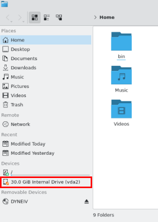 A screenshot highlighting the location of my machine's internal hard disk in the Dynebolic file manager.