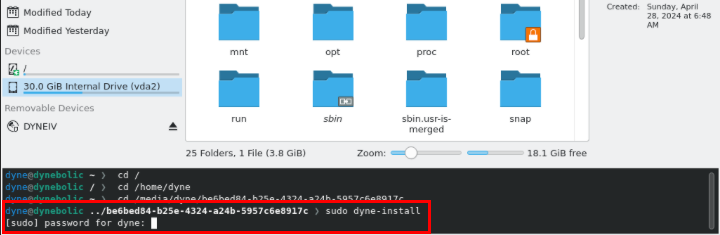 A screenshot highlighting the dyne-install command inside the file manager's built-in command prompt.
