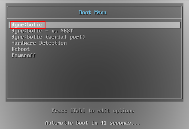 A screenshot highlighting the "dyne:bolic" nested mode in the bootloader menu.