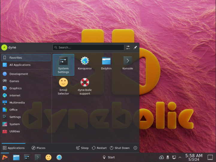 A screenshot showing Dynebolic running a dark theme in a persistent mode.