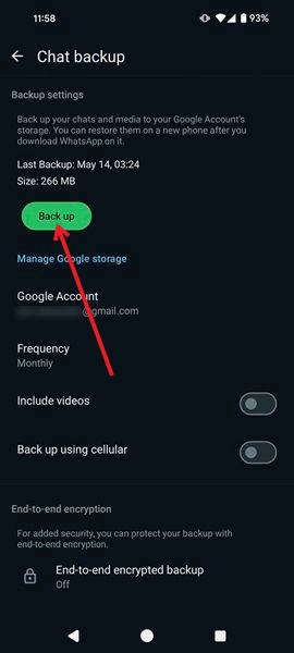 Tapping "Back up" button in WhatsApp Settings for Android.