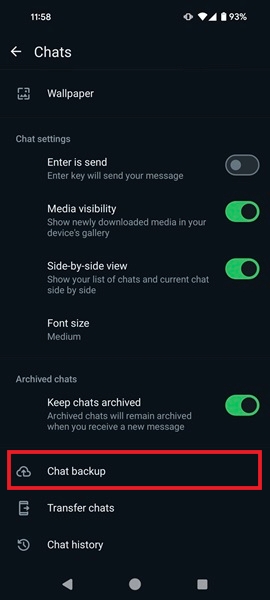 Tapping on "Chat backup" option in WhatsApp Settings on Android.