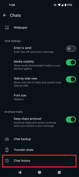 Tapping on Chat history option in WhatsApp on Android.