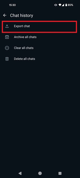 Selecting 'Export chat" option in WhatsApp for Android.