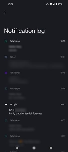 Notification log view on Android phone.